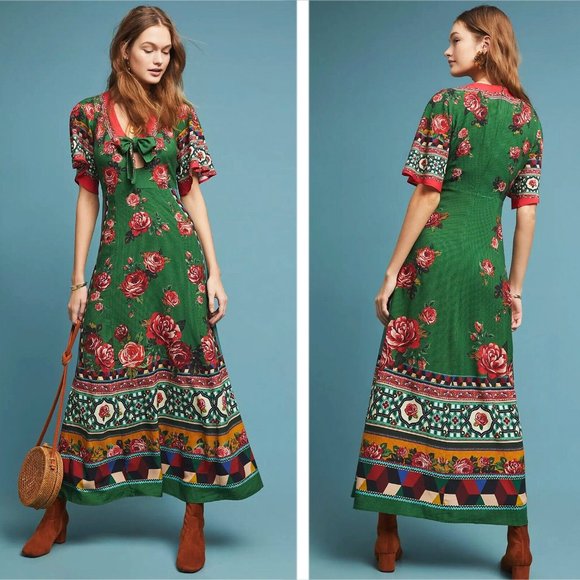 FARM Rio Dresses & Skirts - Anthropologie Farm Rio Womens Bolero Maxi Dress Green Floral Red Roses  Bow